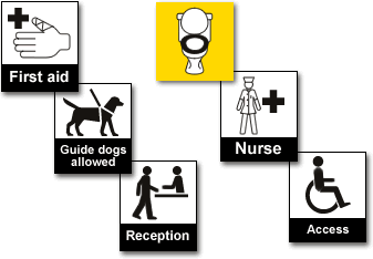 composite of six examples of signs designed by Tom Orr Accessibility by Design